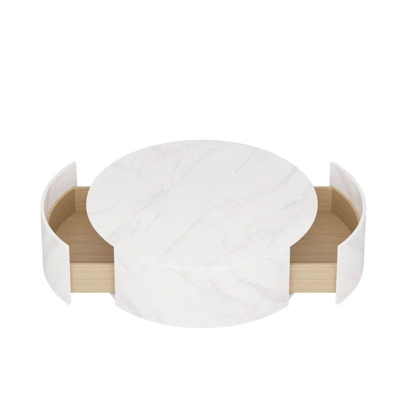 Modern Drum Coffee Table with Oak Veneer, Sintered Stone Coffee Table with 2 Solid Wood Drawers