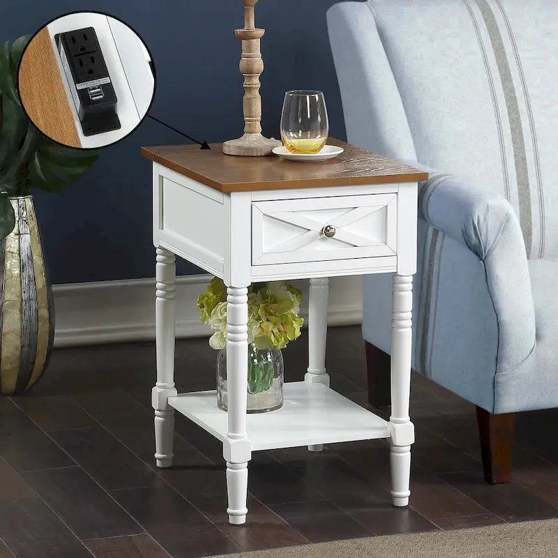 Country Oxford 1 Drawer End Table with Charging Station and Shelf