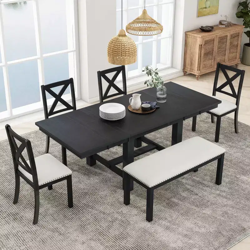 HABITRIO 6 Piece Extendable Dining Table Set for 6, Farmhouse Dining Set with 4 Upholstered Dining Chairs, Bench & 2 Removable Leaves, Natural/Black