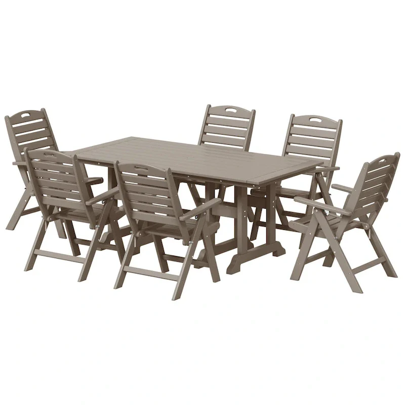 Polytrends Laguna 7-Piece Rectangular Table Folding Highback Chair Dining Set