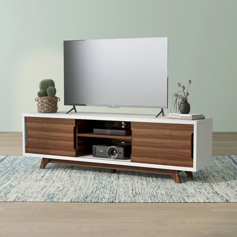 White and Walnut Mid-Century Modern TV Stand - 62 inch Wide with 6 Shelves