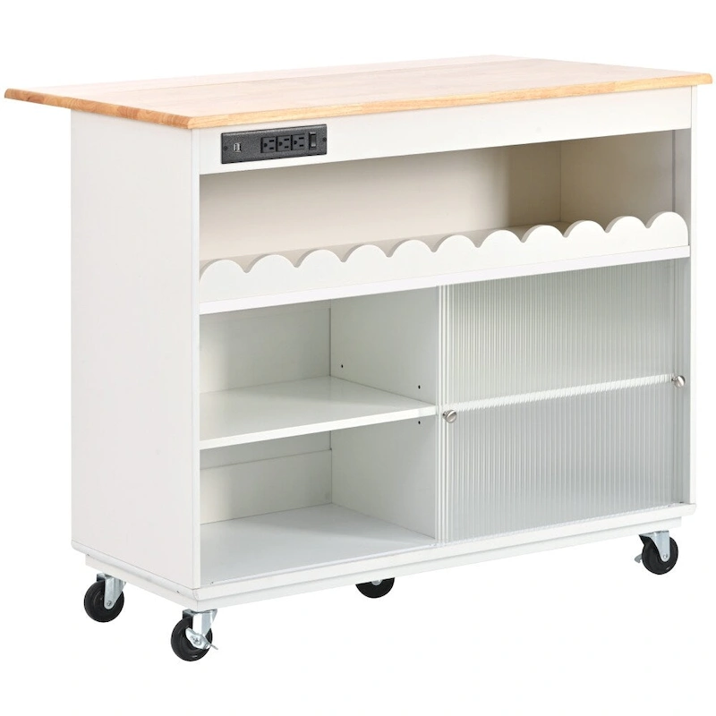 LED Light Kitchen Island on Wheels with Drop Leaf and Power Outlets