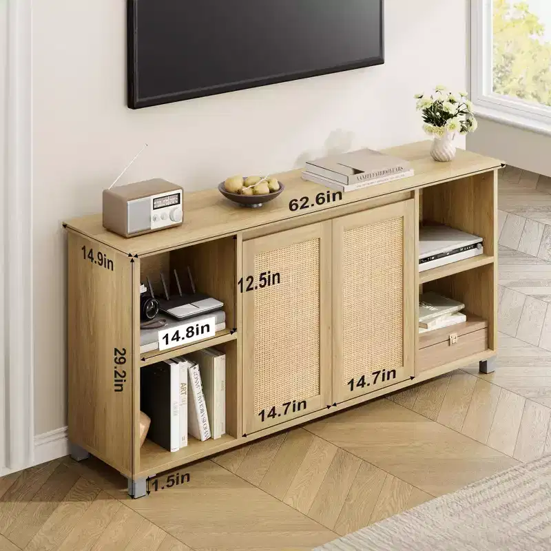 70 Boho TV Stand for Living Room - Entertainment Center with 2 Rattan Doors & 4 Open Shelves, Media Console with Storage for Bedroom