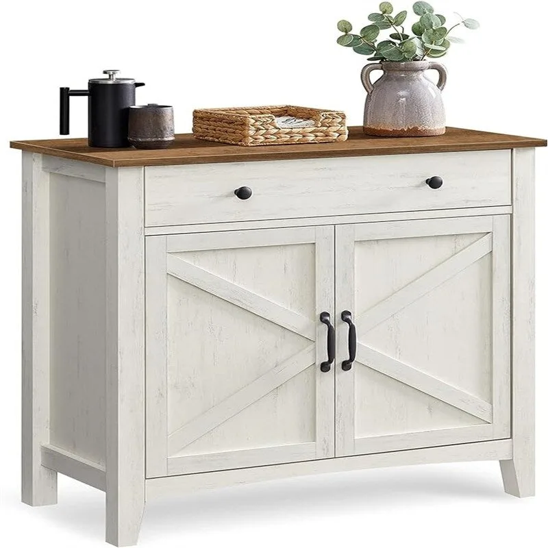 Rustic White & Honey Brown / Stone Gray Barn-Door Sideboard – 1-Drawer, 1-Cabinet, Fits 1–2 Users