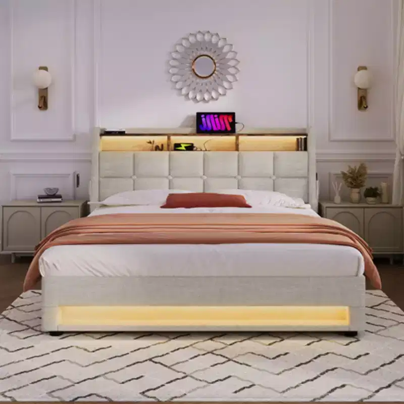 Full size Upholstered Platform bed with a Hydraulic Storage System, LED and USB Charging