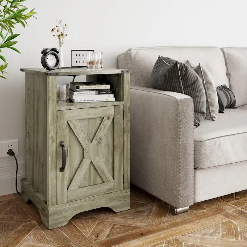 White / White-Espresso / Charcoal Grey / Almond Barn Door Nightstand with Charging Station, 1-Person