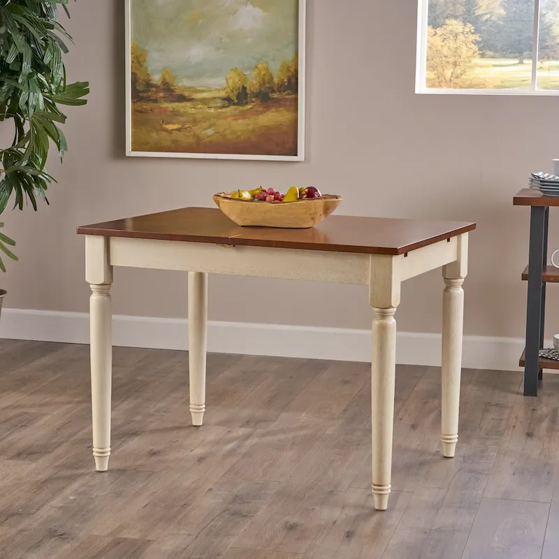 Dark Oak & Cream Wood Dining Table with Leaf Extension – Seats 6