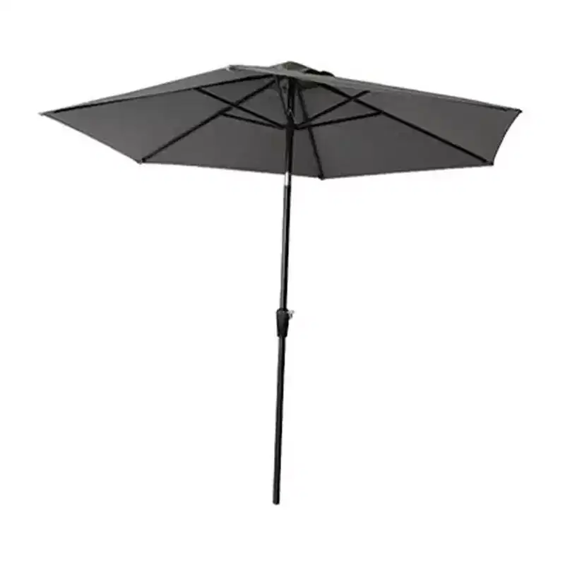 Four Seasons Courtyard 9 Foot Campton Hills Market Umbrella Round Sling Fabric Outdoor Backyard Shaded Canopy with Auto Crank and Tilting, Gray/Brown