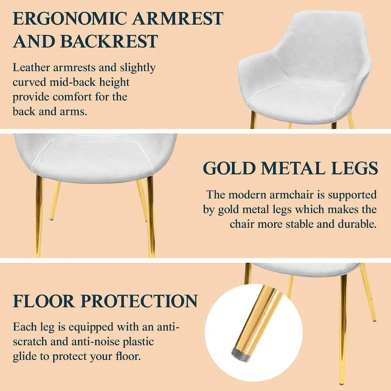 Markley Modern Leather Dining Armchair Set of 4 With Gold Metal Legs Accent Side Chair