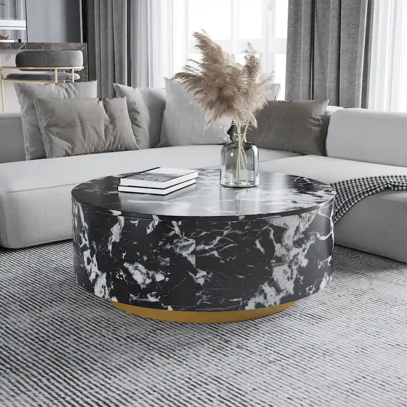 Modern Faux Marble Round Coffee Table Center Table with 2 Drawers, Fully Assembled