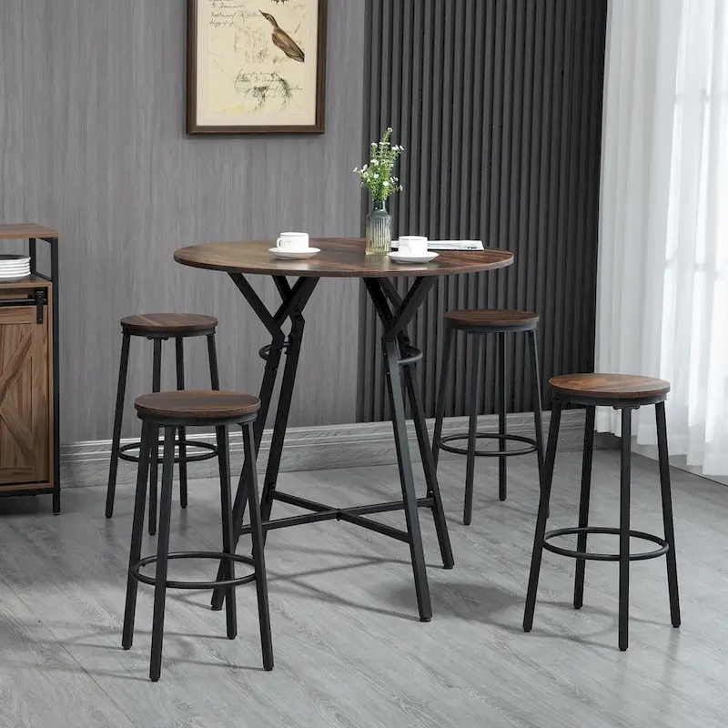 HOMCOM Industrial 5-Piece Bar Table and Chairs Set, Space Saving Dining Table with 4 Stools for Pub and Kitchen, Black & Brown