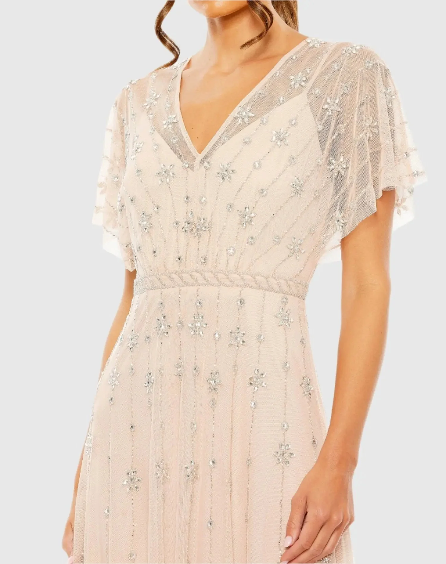 Pink V Neck Embellished Flutter Sleeve A Line Gown