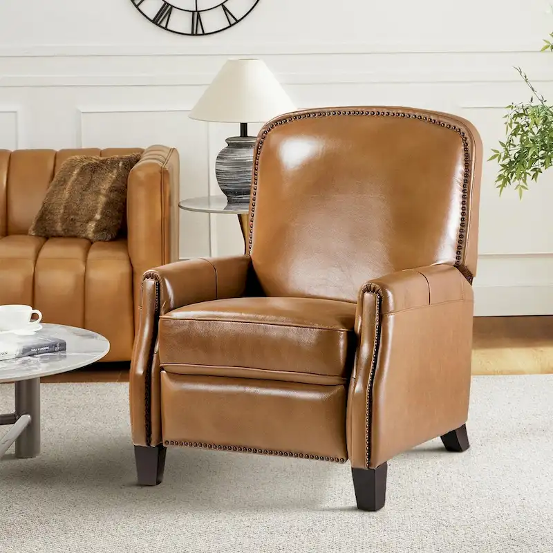 Modern Retro Genuine Leather Recliner with Nailhead Trim & Wooden Frame