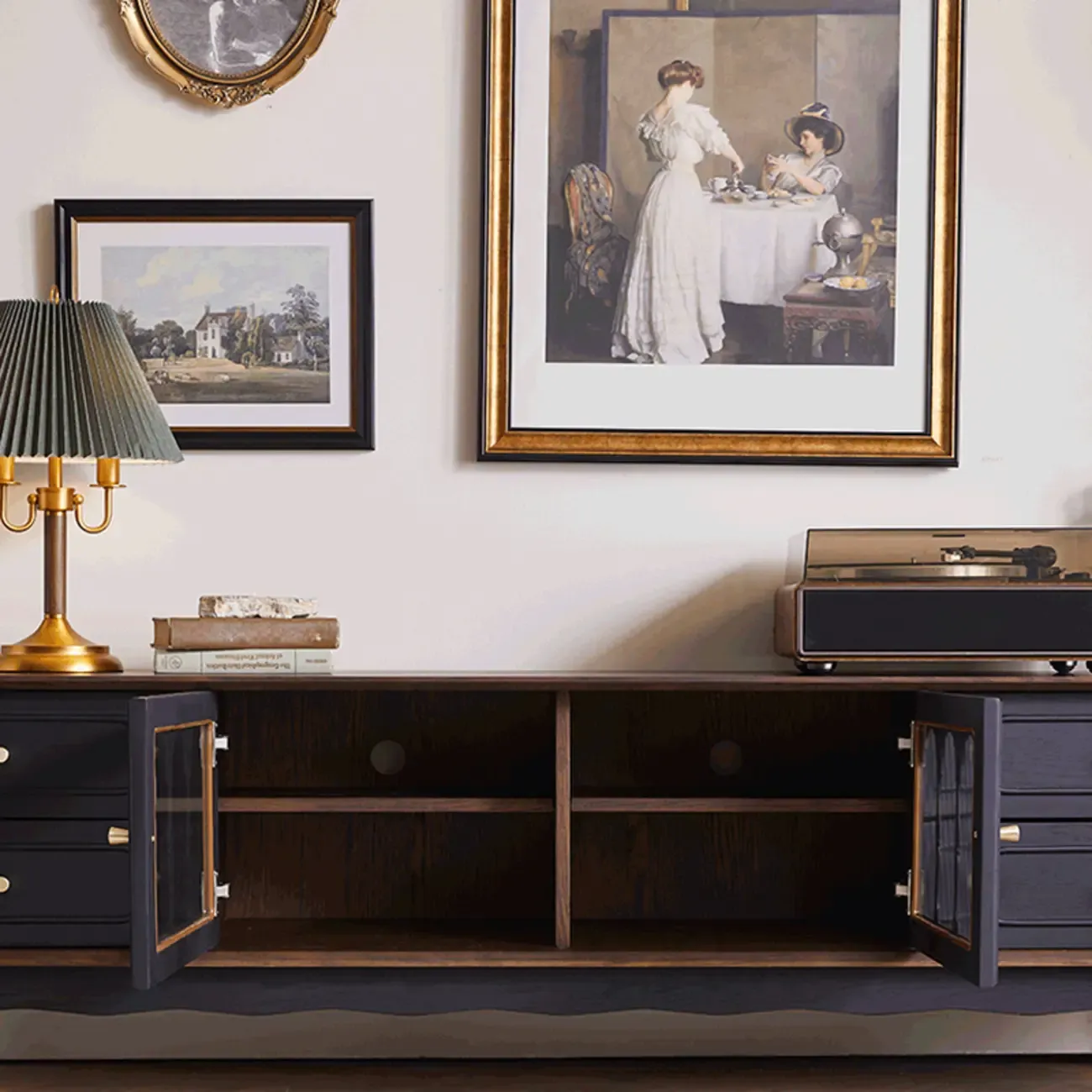 Cable Management Art Deco Wood TV Stand with Drawers