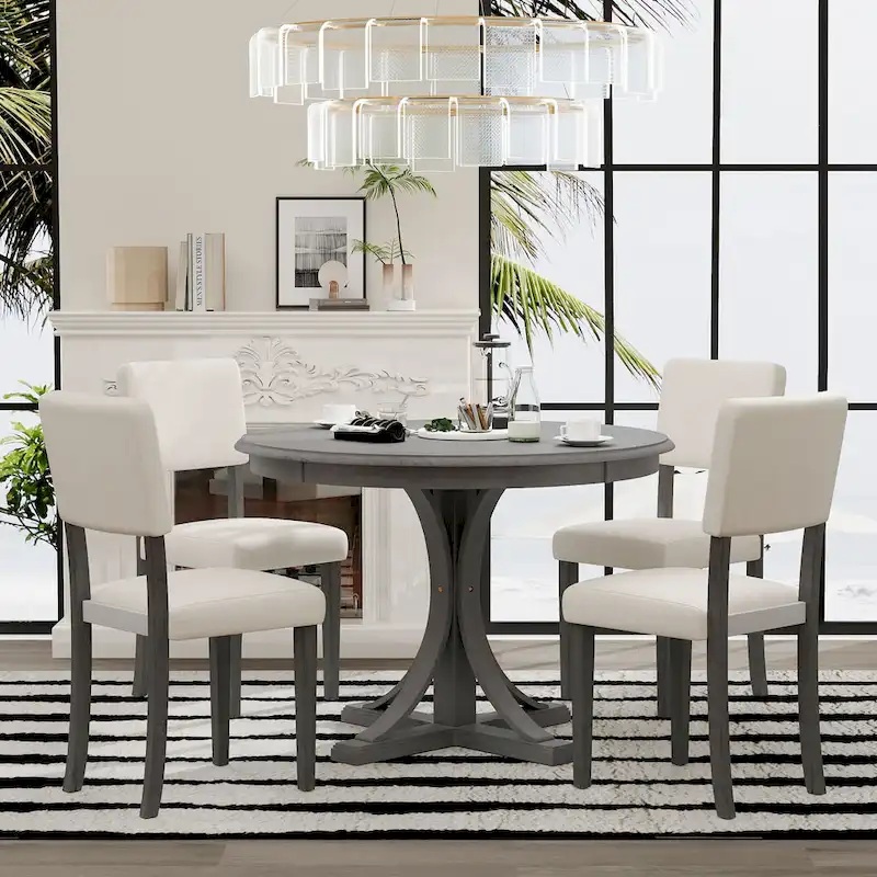 5-Piece Retro Round Dining Table Set Farmhouse Kitchen Dining Table Sets with Curved Trestle Table Legs for Dining Room