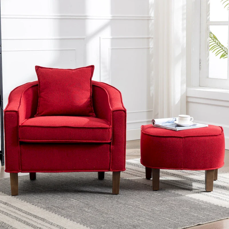 Linen/Polyester Upholstered Mid Century Barrel Chair with Ottoman