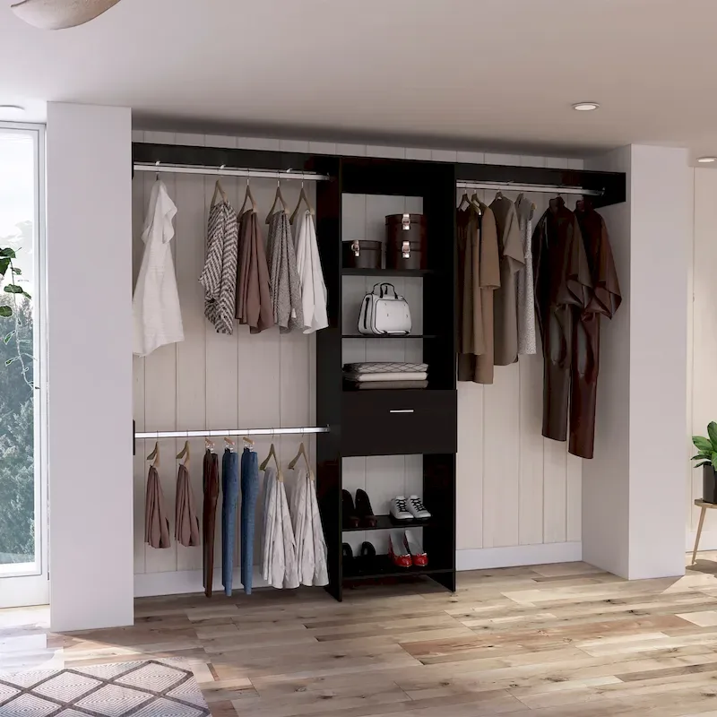 Cross Closet System with Drawer, 3 Metal Rods, and 5 Open Shelves