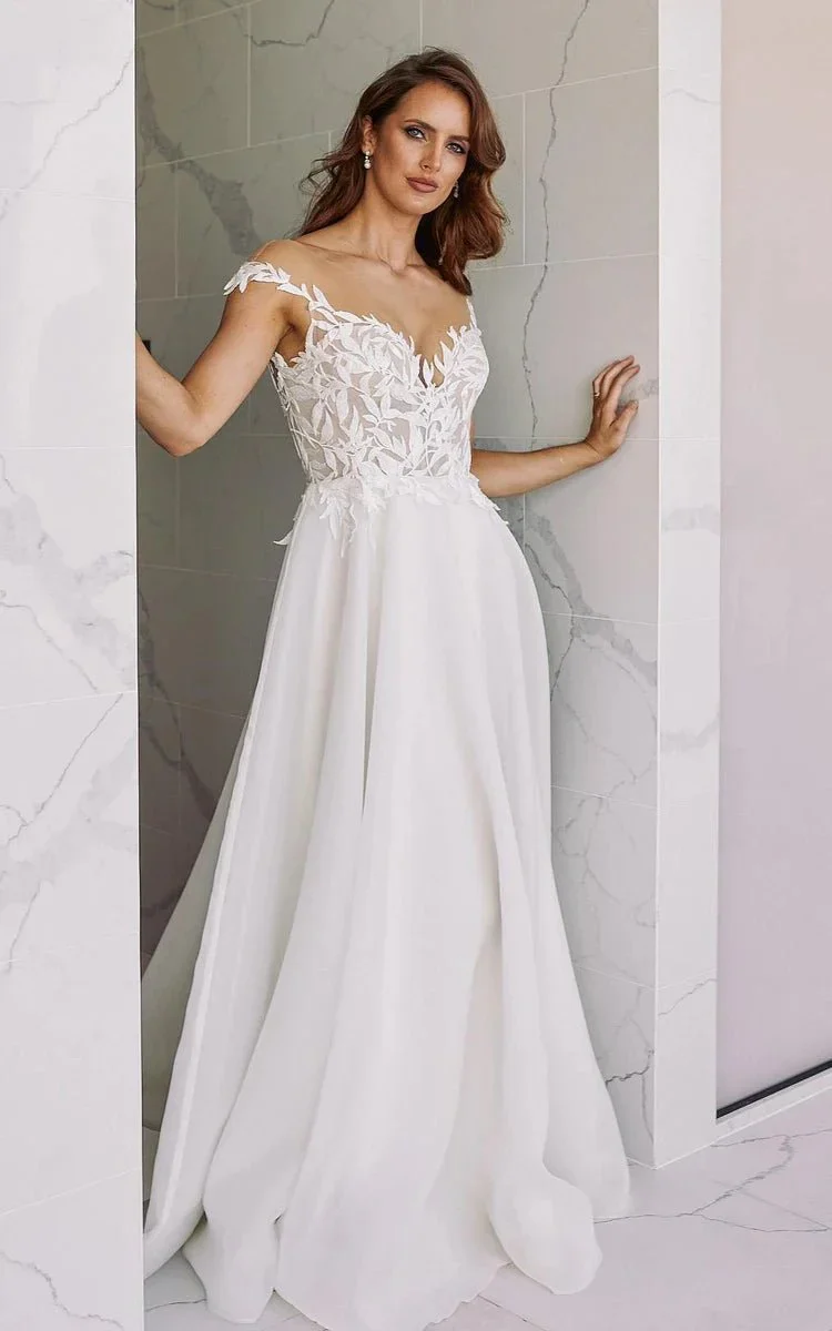 A-Line V-Neck Chiffon Floor Length Wedding Dress With Appliques