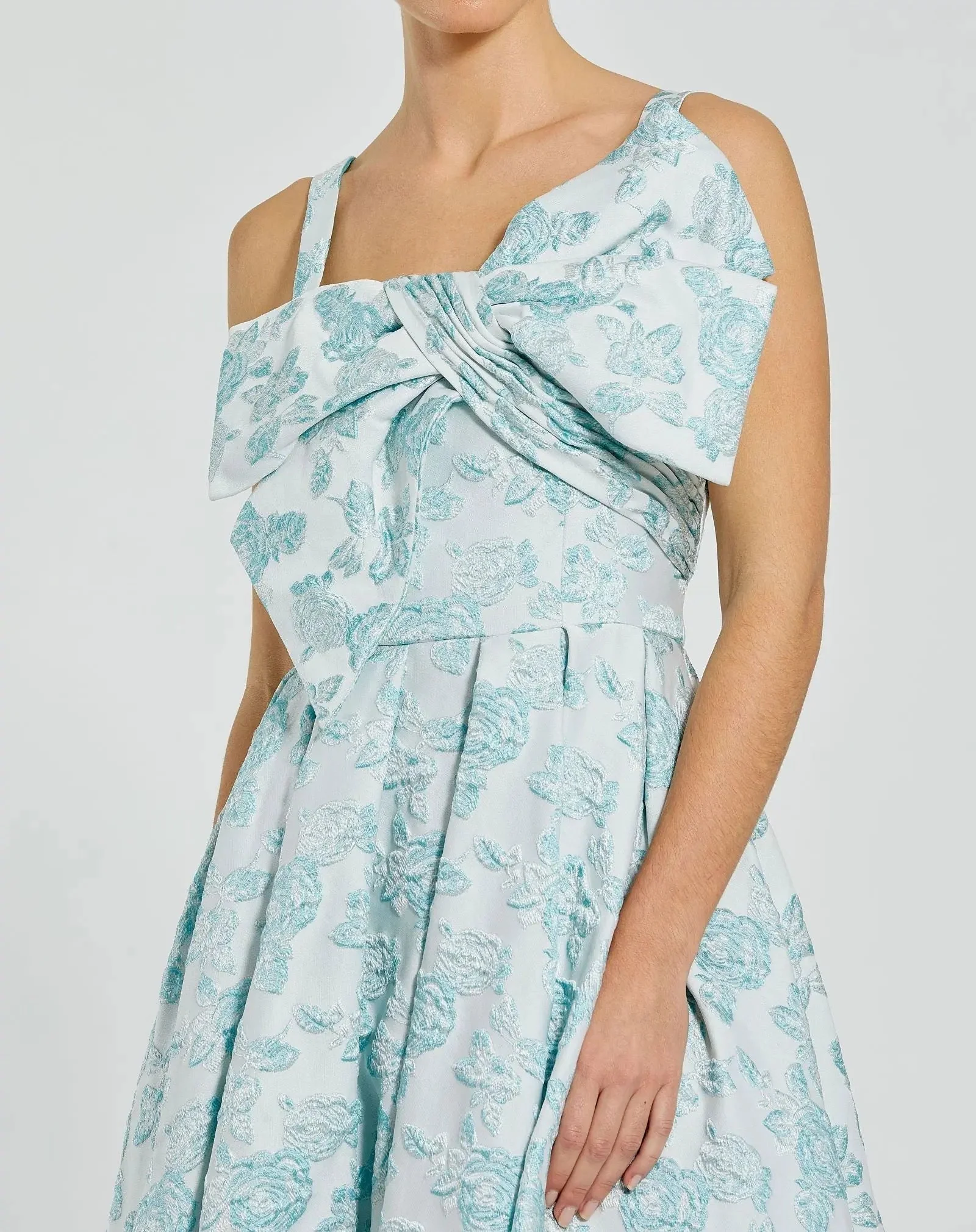 Blue Sleeveless Large Bow Detail Floral Brocade Dress