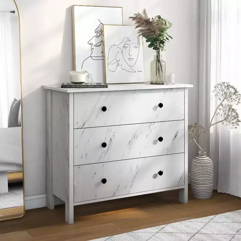 Fichte Transitional 3 Drawer Faux Marble Dresser White Marble - miBasics: Elegant Storage, MDF & Particle Board Construction