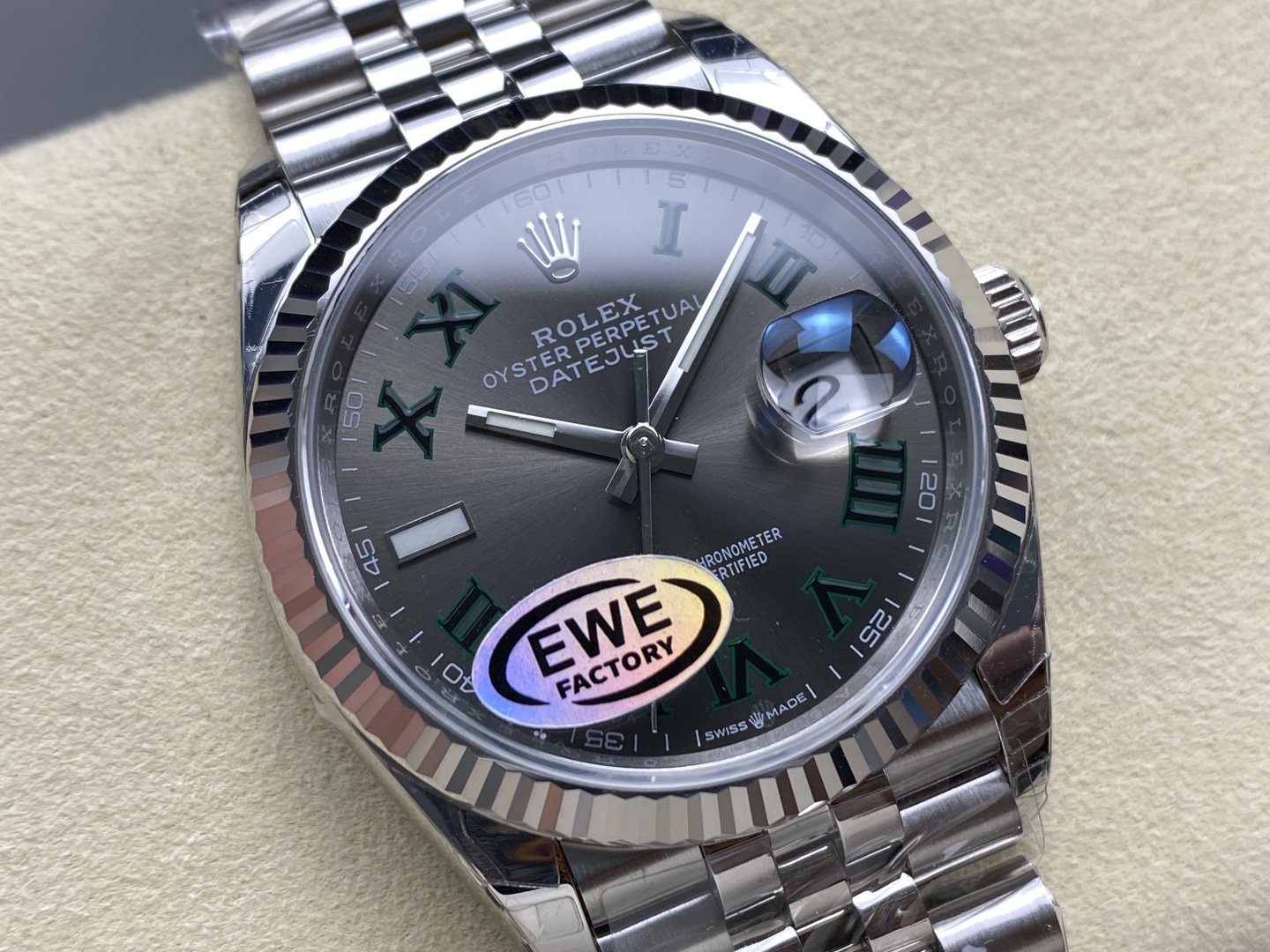 EWE Factory Rolex Datejust 41 grey dial with green Roman numerals and jubilee bracelet