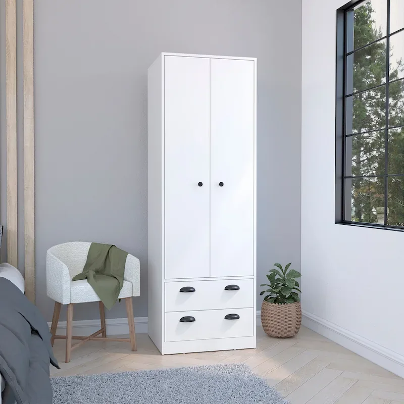 White / Black Manufactured Wood French Door Armoire with Hanging Rod and 2 Drawers – 23.3 in