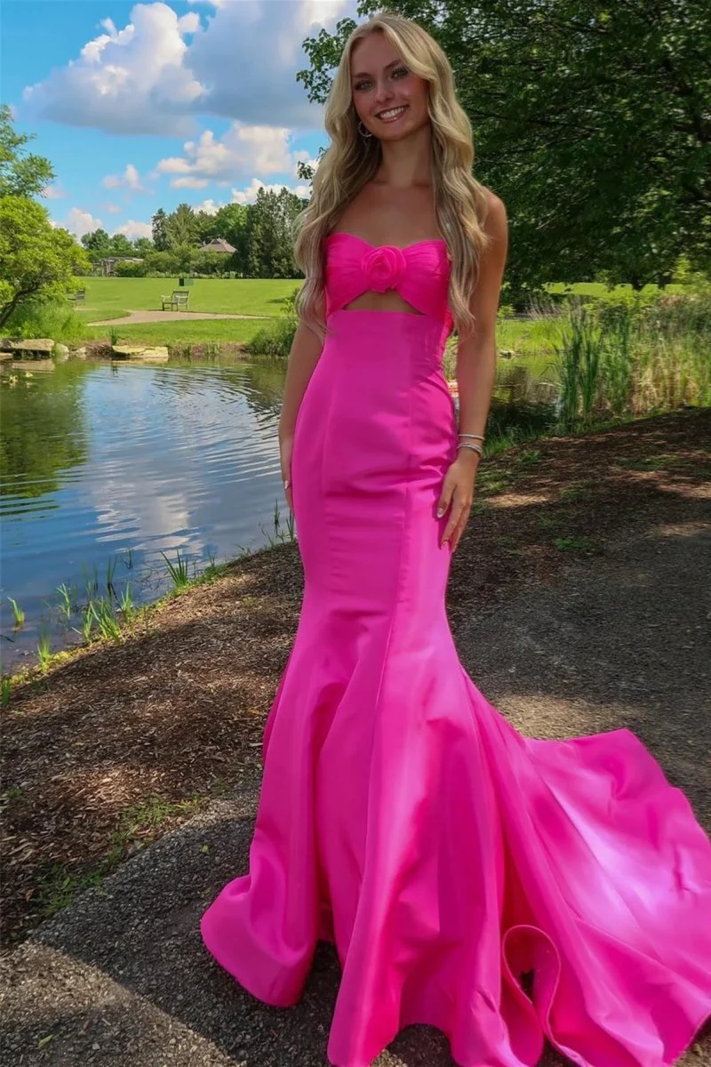 Mermaid Sweetheart Pink Satin Prom Dress with Bow