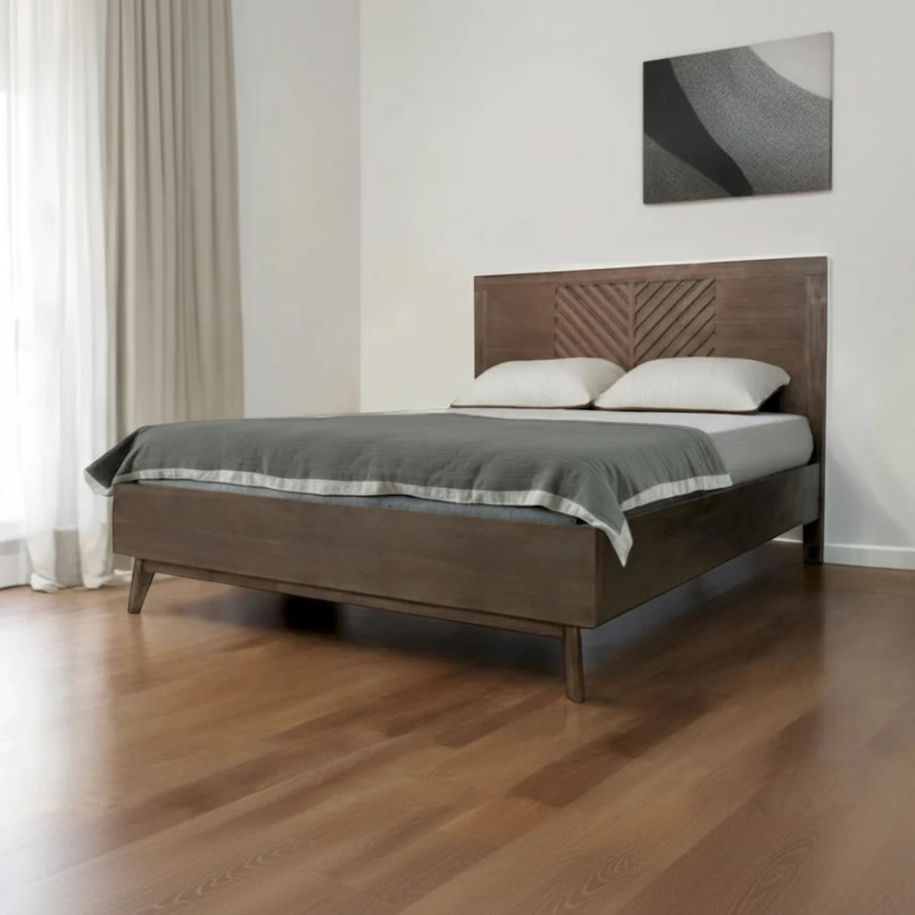 Brown Carved Geometric Solid Wood King Bed Frame