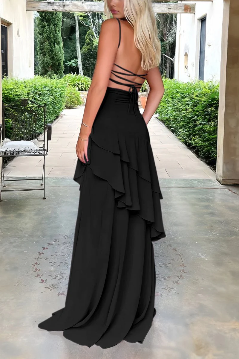 Red - Sheath Spaghetti Straps Chiffon Long Prom Dresses with Ruffles