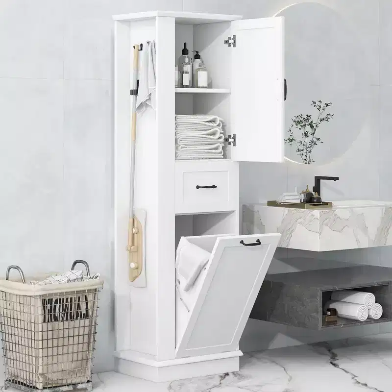 Modern Tall Storage Cabinet  Tilt-Out Compartment Adjustable Shelves 80LBS Capacity Soft-Close Hinges