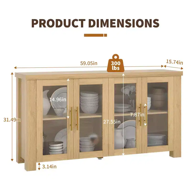 Buffet Cabinet with Storage, 59 Sideboard Credenza with Tempered Glass Doors, Wood Buffet Table for Living Room, Dining Room, Kitchen