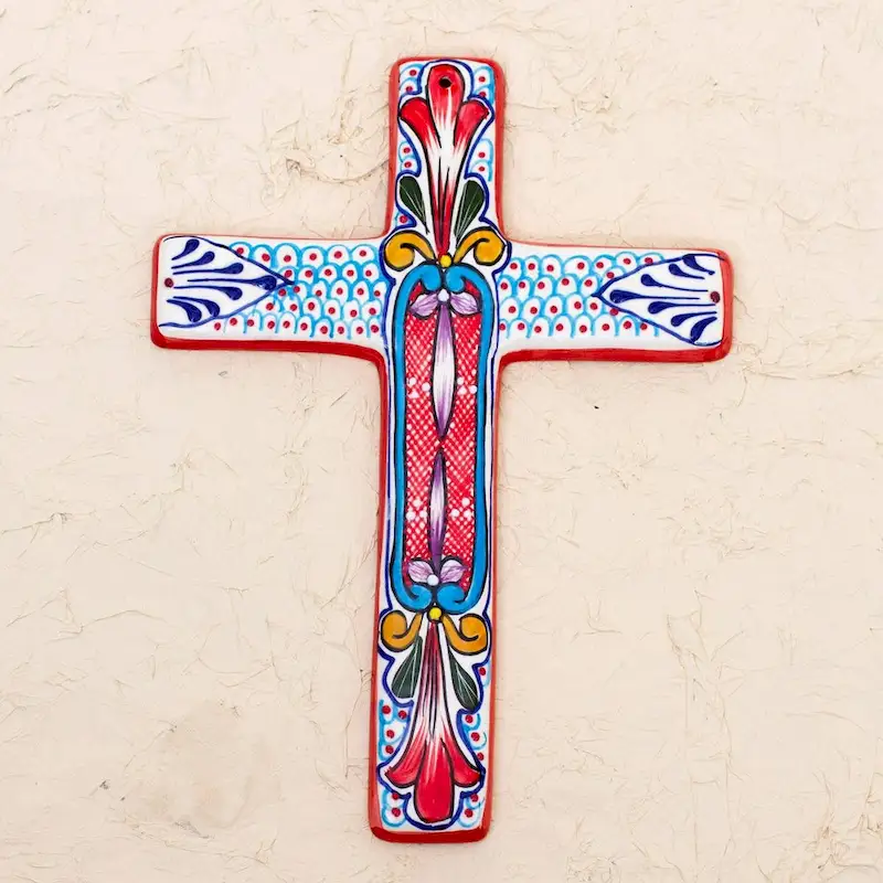 NOVICA Ceramic wall cross, 'Red Lily'