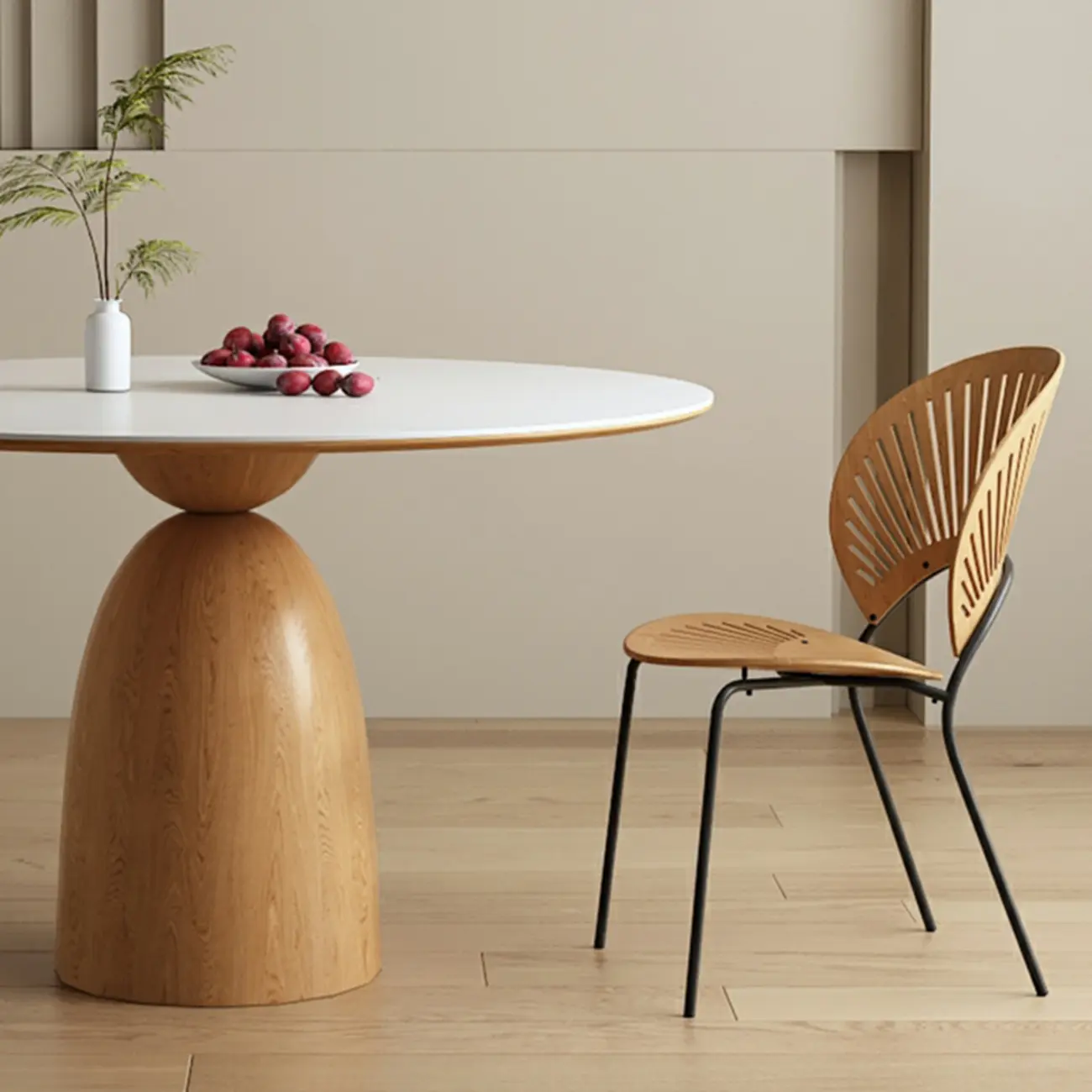 Modern White Stone Natural Wood Round Dining Table
