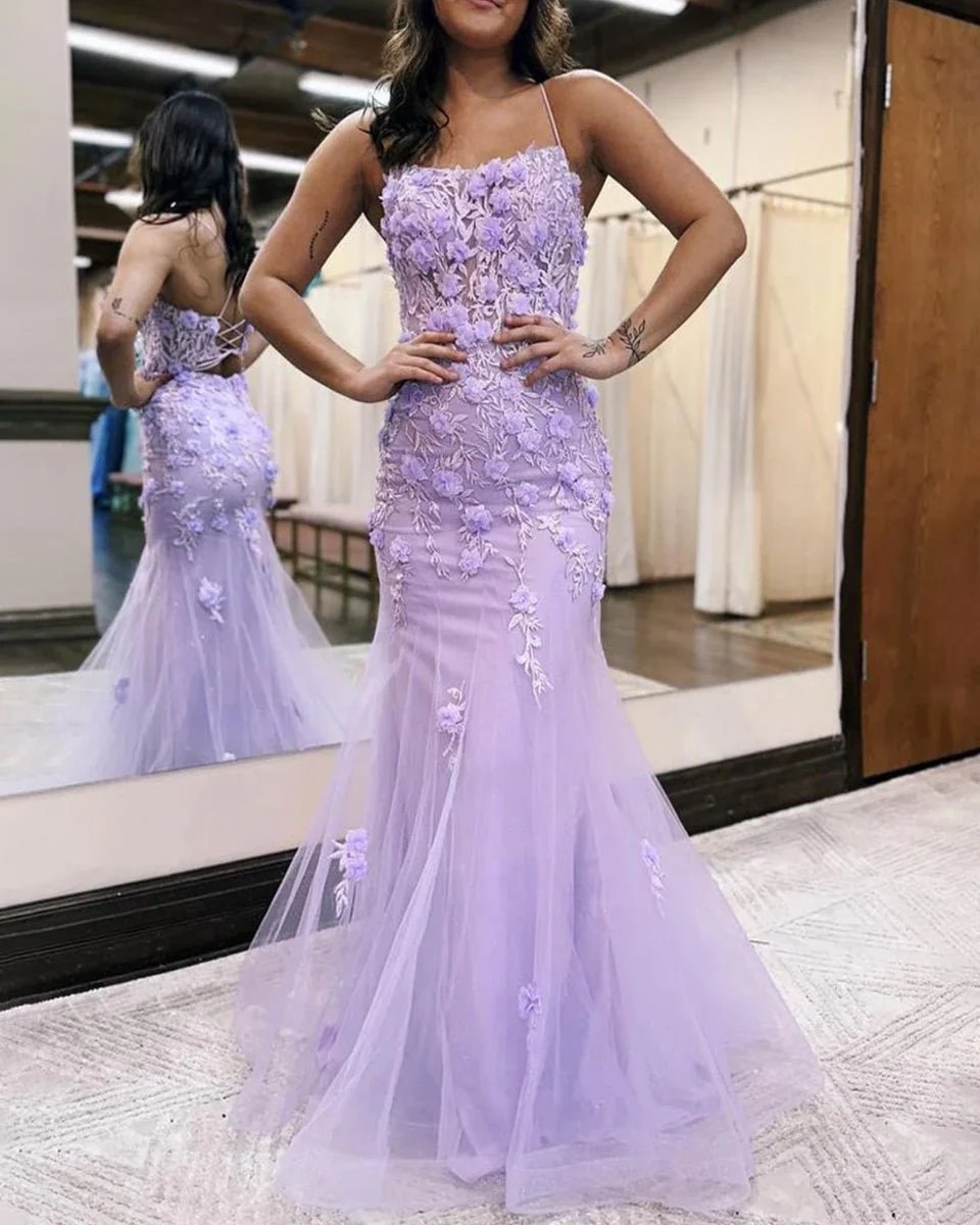 Lilac Mermaid Scoop Neck Prom Dress with Appliques
