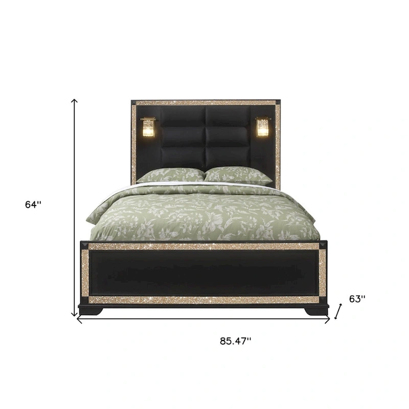 HomeRoots Black Faux Crystal Bling Wood And Upholstery Lighted Queen Bed Frame