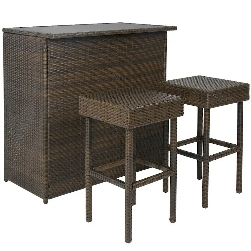 Outdoor 3-Piece PE Wicker Bar  with Table and Stools