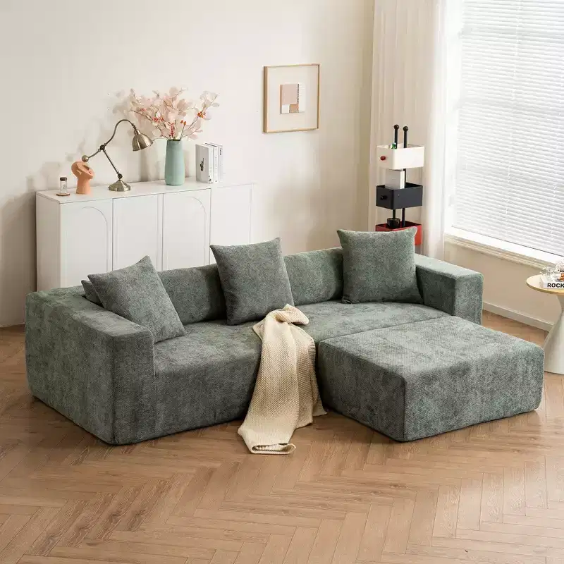 Modular L-Shaped Sofa Couch, Chenille Fabric Cloud Sofa with Soft Cushion for Living Room & Bedroom, Non-Assembly, Beige/Green - ModernLuxe