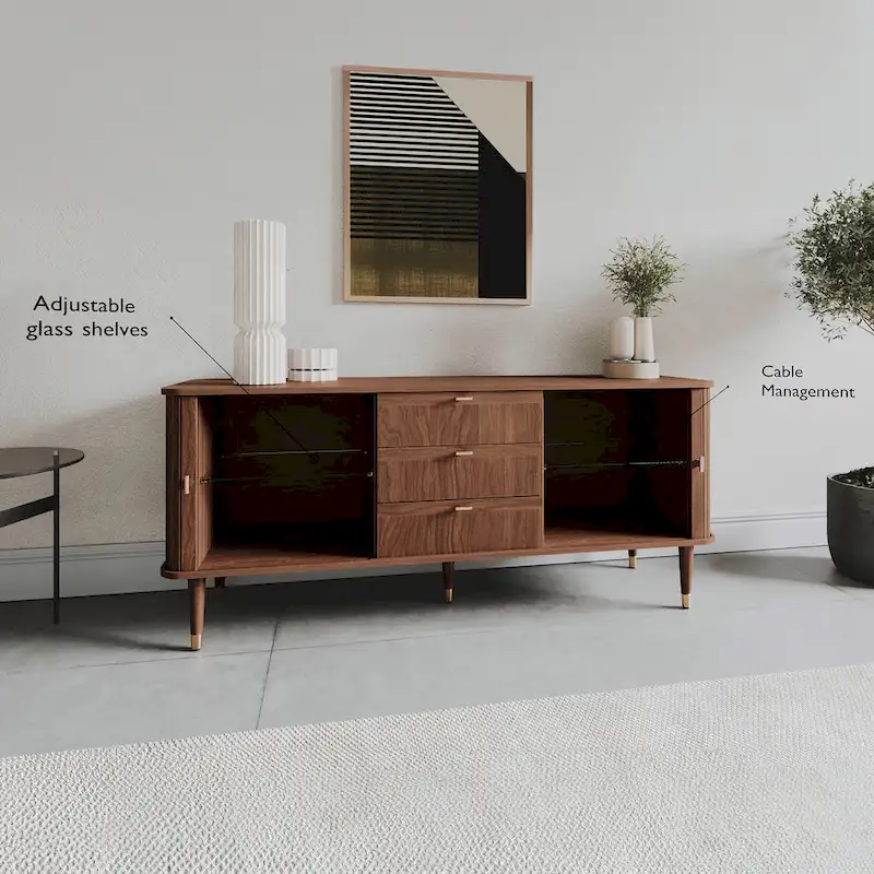 Walnut Wood Sideboard with 3 Drawer Mid Century Modern