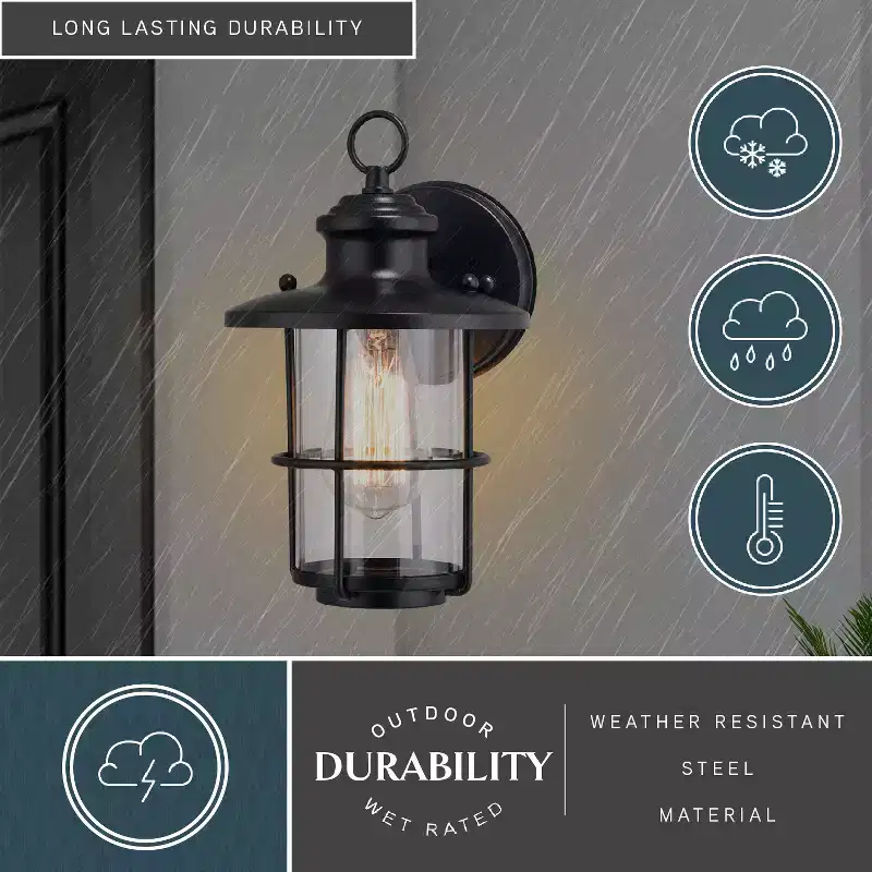 VAXCEL Lake Shore Steel 1 Light LED Compatible Black Coastal Outdoor Wall Lantern Clear Glass