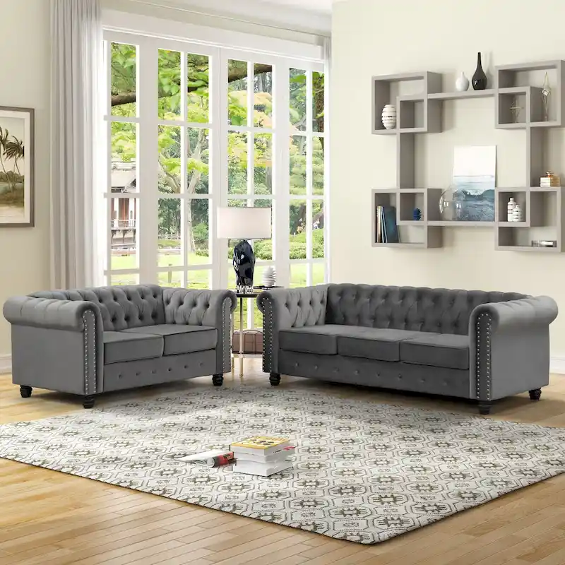 Classic Tufted Velvet Chesterfield Loveseat and Sofa Set (2-Piece) with Nailhead