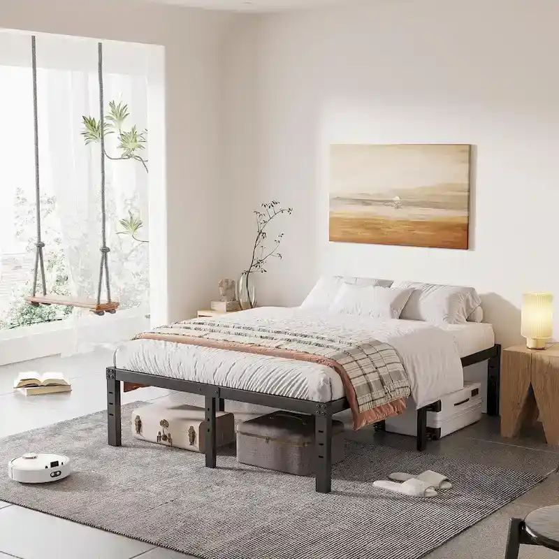 Black Metal Platform Bed Frame with Wood Slats — Twin to California King, 1–2 Person