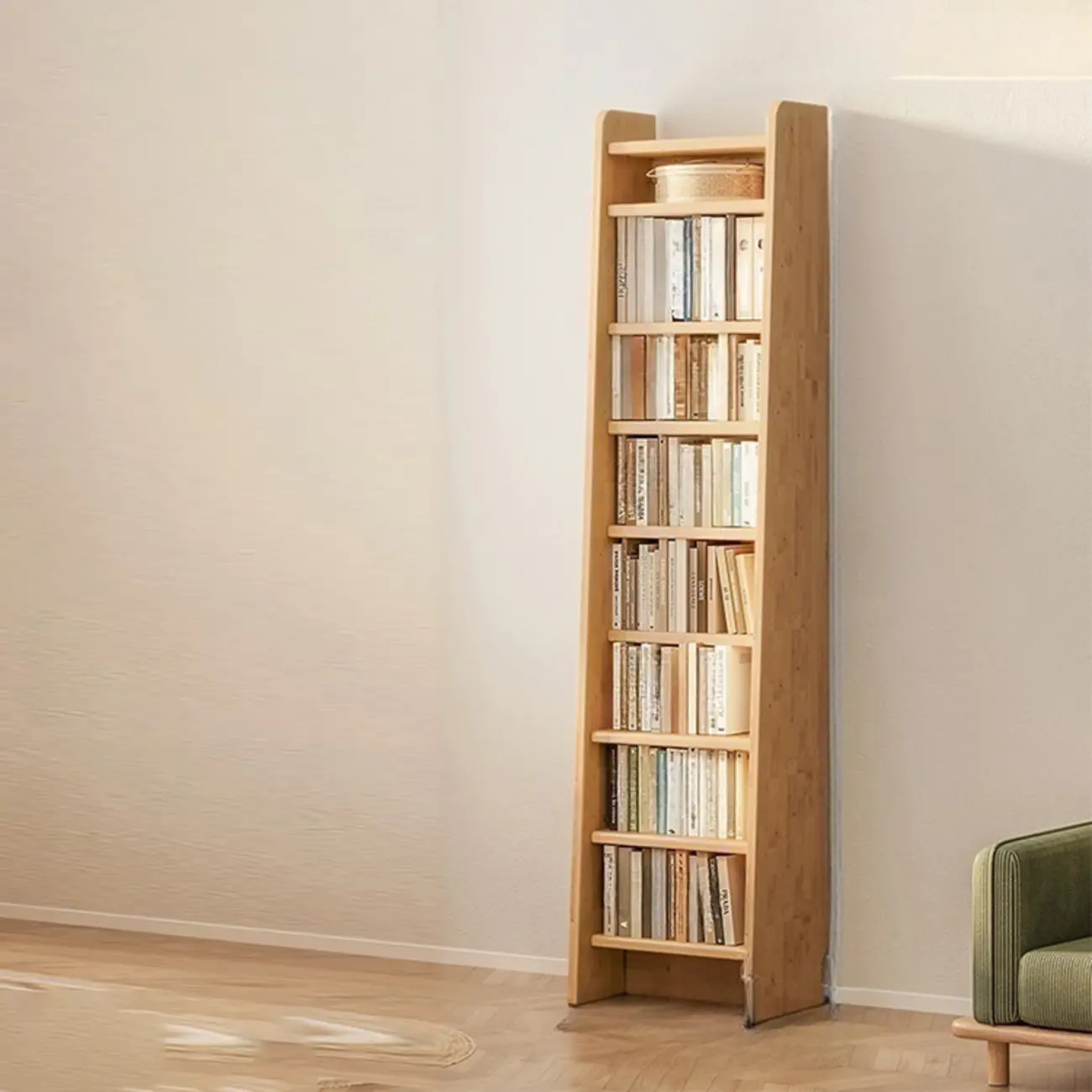 Natural Narrow Multi-Layer Open Back Wooden Bookshelf