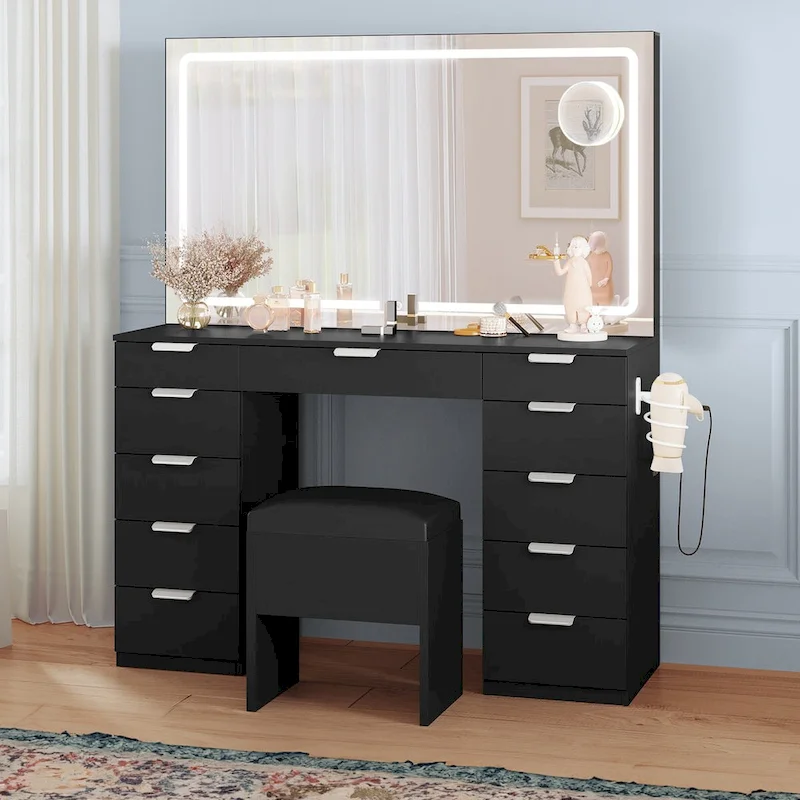 Moasis Makeup Vanity Table Set with Large LED Lighted Mirror and 11 Drawers - 46L*11.7W*55.9H
