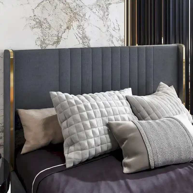 Modern Illuminated Bed Frame with Gold Trim - Chic Upholstered Design