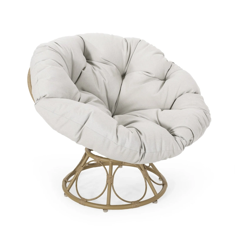 Brown Wicker Swivel Papasan Chair with Tufted Fabric Cushion