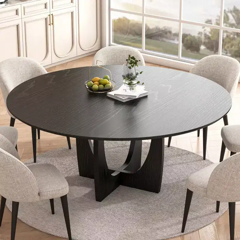 PexFix 59 x 59 Solid Wood Farmhouse Dining Table Round Wood Top with Arched Cross Legs for Modern Dining Rooms & Family Gatherings Black