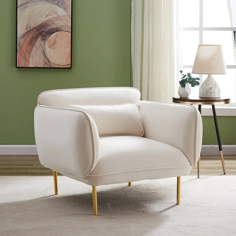 Beige Modern 36.61  Velvet Upholstered Accent Chair with Sturdy Metal Legs for Living Room