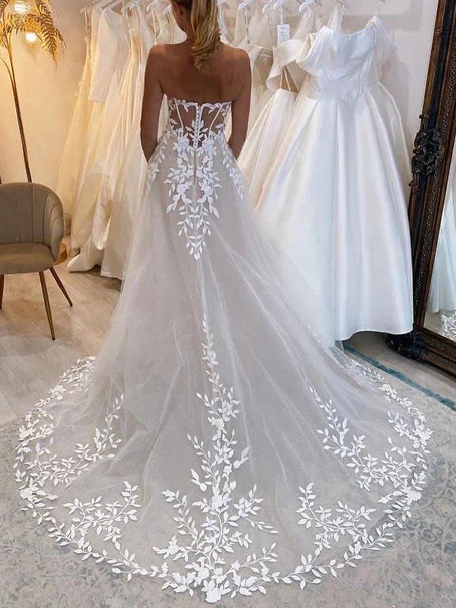 A-line Lace Beach Wedding Dress with Off Shoulder Tulle Appliques