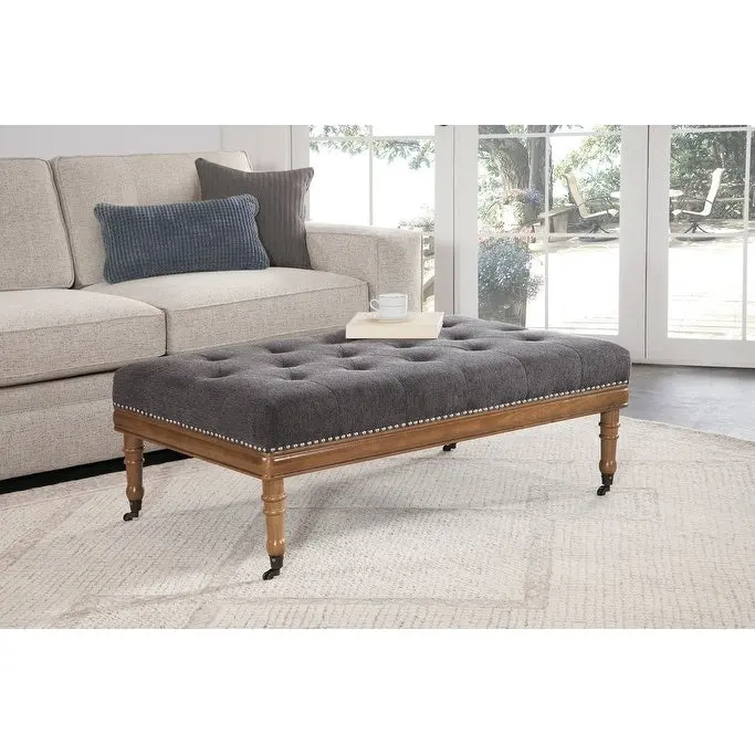 Upholstered Diamond Tufted Ottoman with Nail Trim and Casters