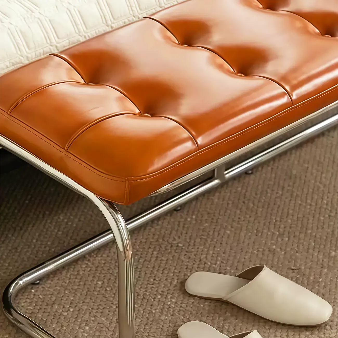 Modern Rectangular Cushioned Leather Bedroom Bench